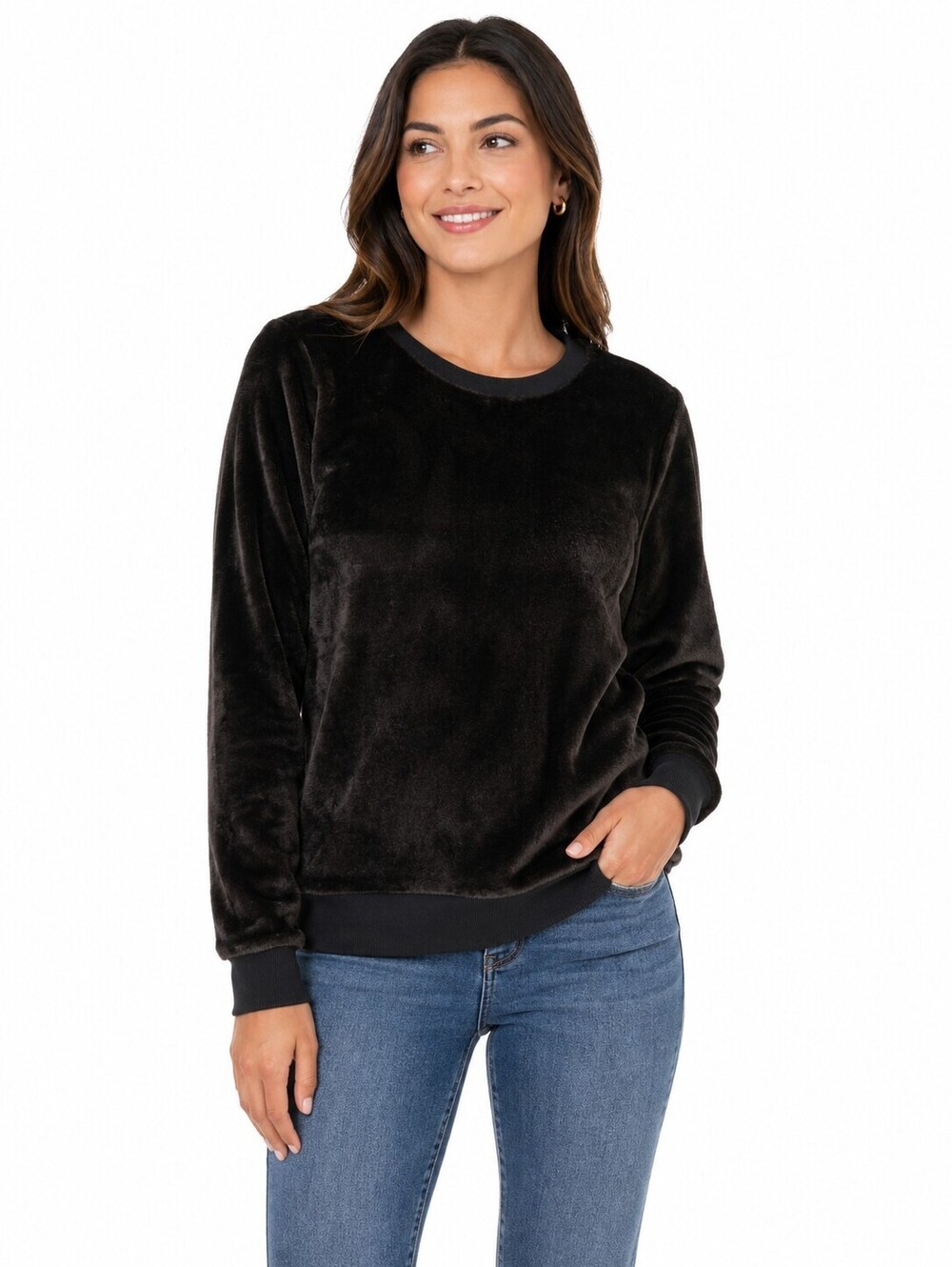Gaiam Black Fuzzy Sweatshirt with Ribbed Cuffs and Hem Cozy Plush Fabric - S